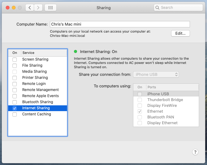 Screenshot of Mac OS Internet Sharing interface.